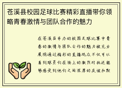 苍溪县校园足球比赛精彩直播带你领略青春激情与团队合作的魅力